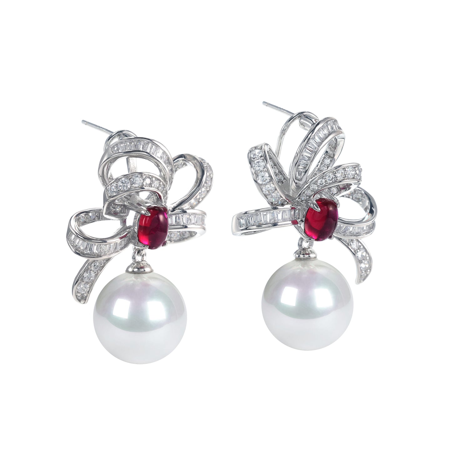 Promotional design Micro-setting Ruby color mixed cutting Lab created stones artistic White Shell Pearl earrings, sterling silver