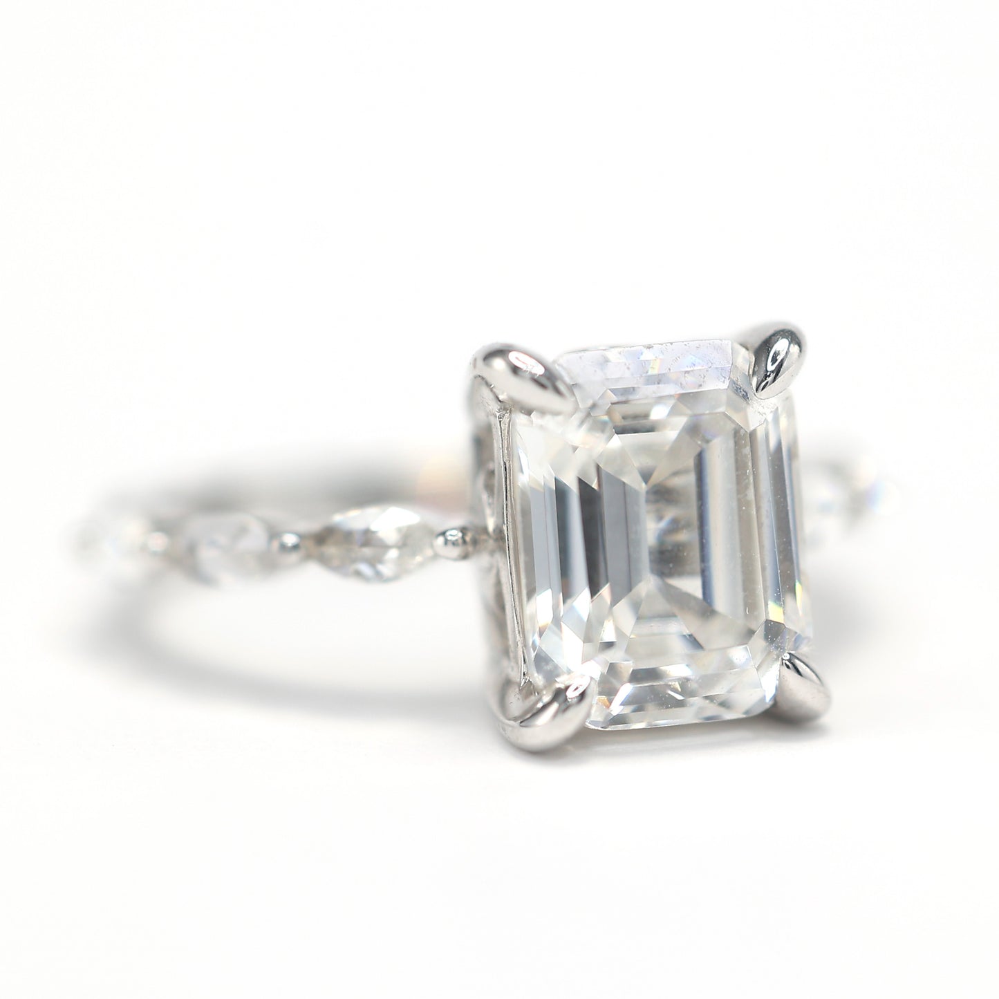 Micro-setting Emerald cut Lab created stones ring sterling silver