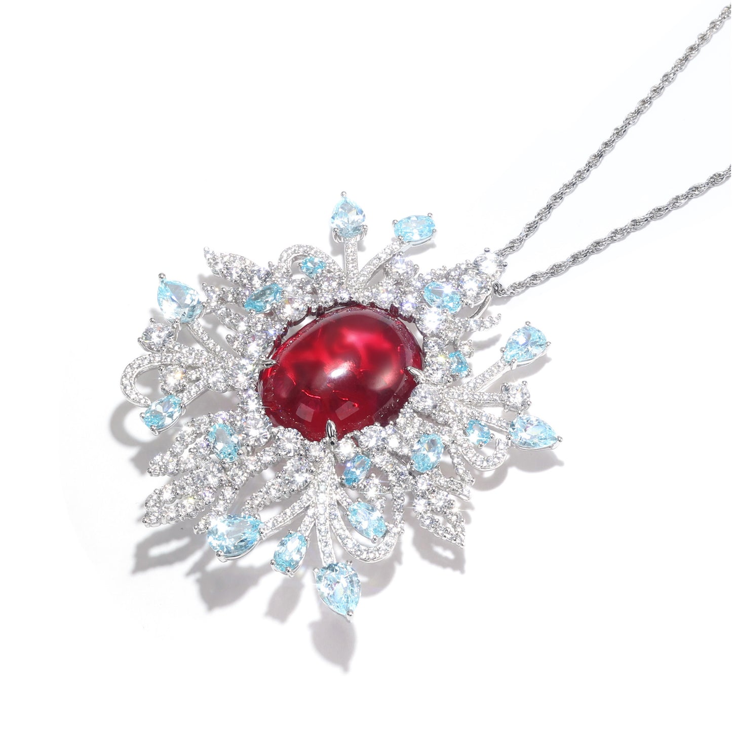 Micro-setting Ruby and aquamarine color Lab created stones Luxury muti-purpose brooch and pendant, sterling silver