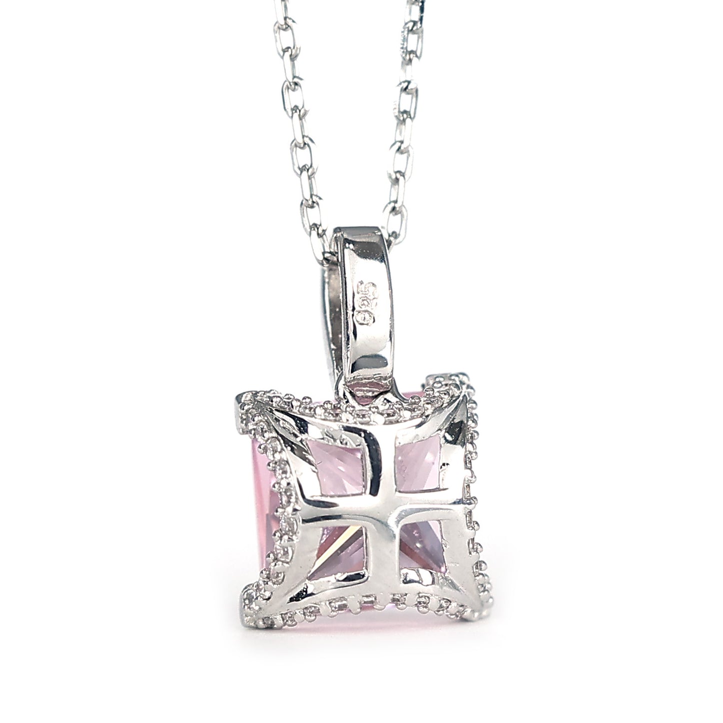 Only 1 Micro-setting Pink color lab created stones necklace, sterling silver