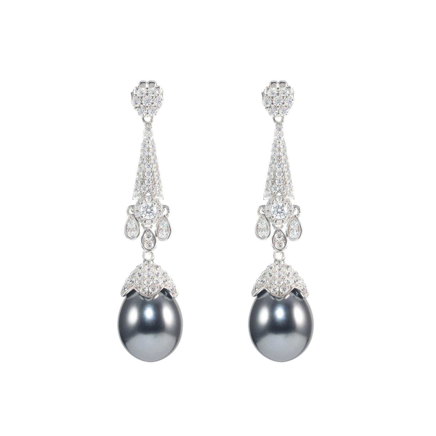 Promotional design Micro-setting Clear diamond color Lab created stones artistic Grey Shell Pearl dangling earrings, sterling silver