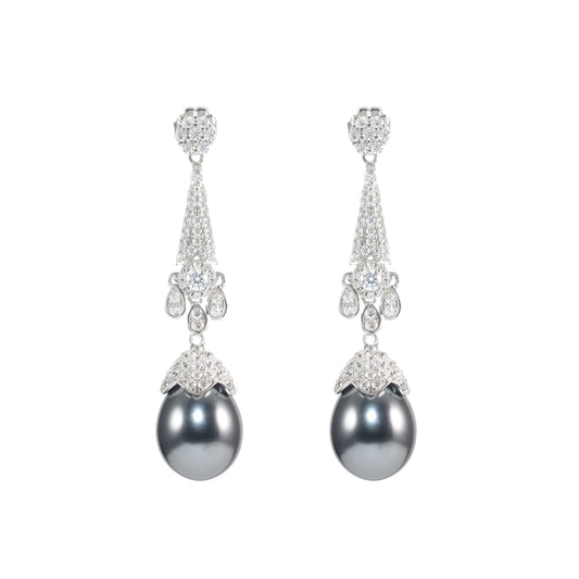 Promotional design Micro-setting Clear diamond color Lab created stones artistic Grey Shell Pearl dangling earrings, sterling silver