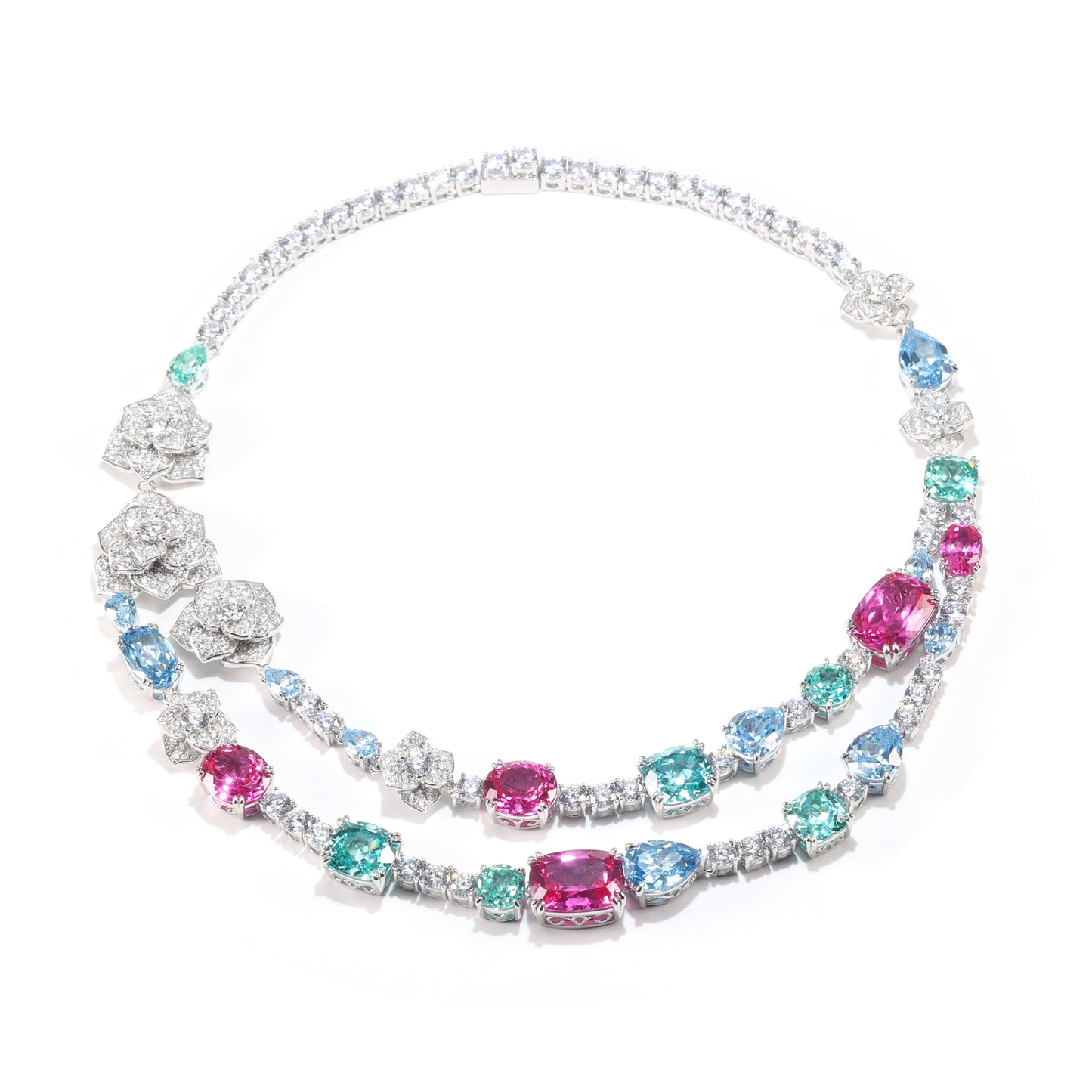 Micro-setting Colorful Lab created stones Monet garden camellia Luxury 2 layers necklace, sterling silver