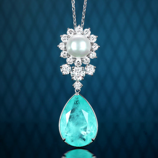 Micro-setting Paraiba color Lab created stones Teardrop necklace, sterling silver