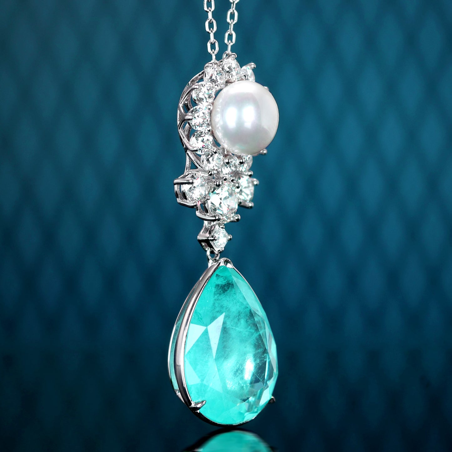 Micro-setting Paraiba color Lab created stones Teardrop necklace, sterling silver