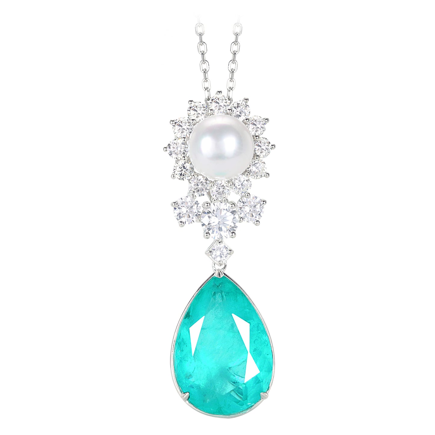 Micro-setting Paraiba color Lab created stones Teardrop necklace, sterling silver