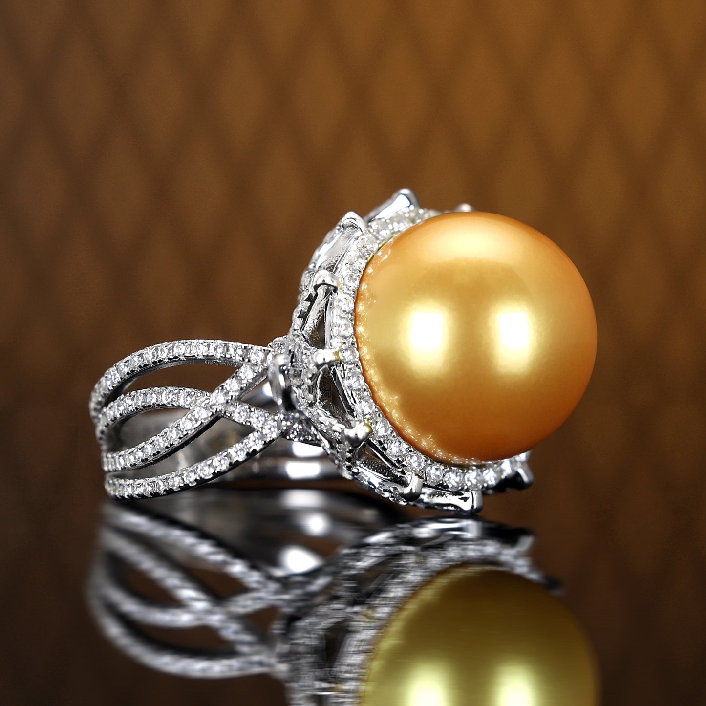 Micro-setting Golden shell pearl and lab created stones detailed bouquet ring, sterling silver