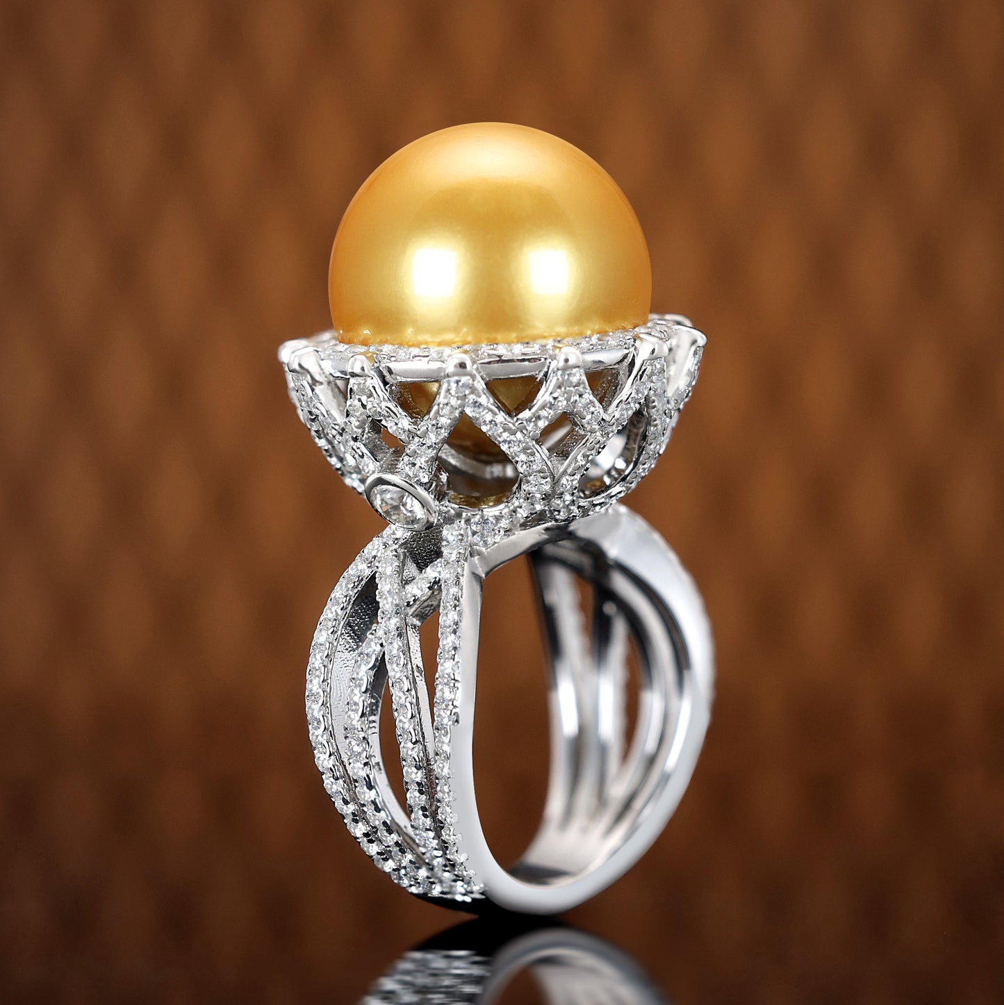 Micro-setting Golden shell pearl and lab created stones detailed bouquet ring, sterling silver