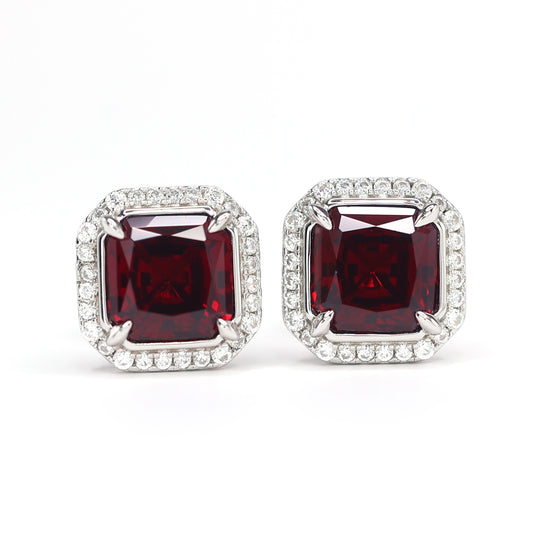 Micro-setting Ruby color square shape Lab created stones 4 prong earrings, sterling silver
