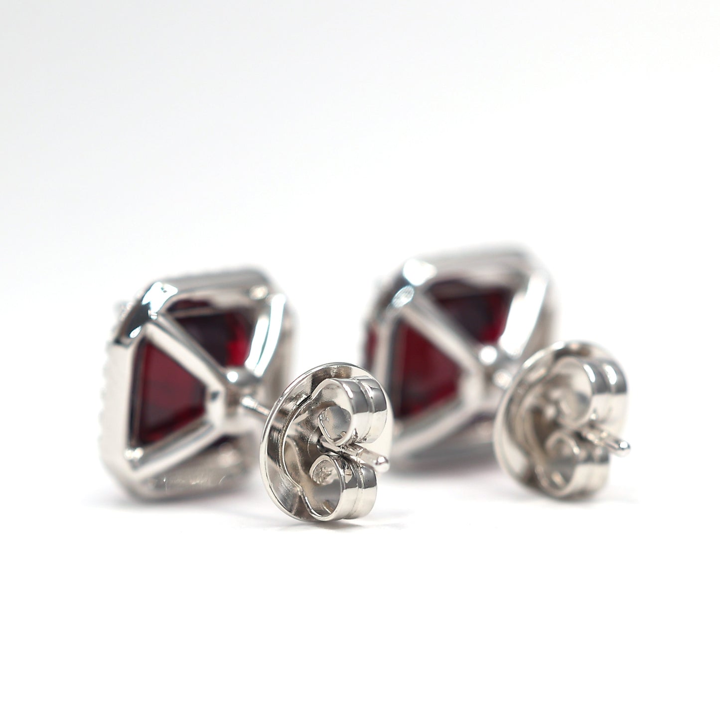 Micro-setting Ruby color square shape Lab created stones 4 prong earrings, sterling silver