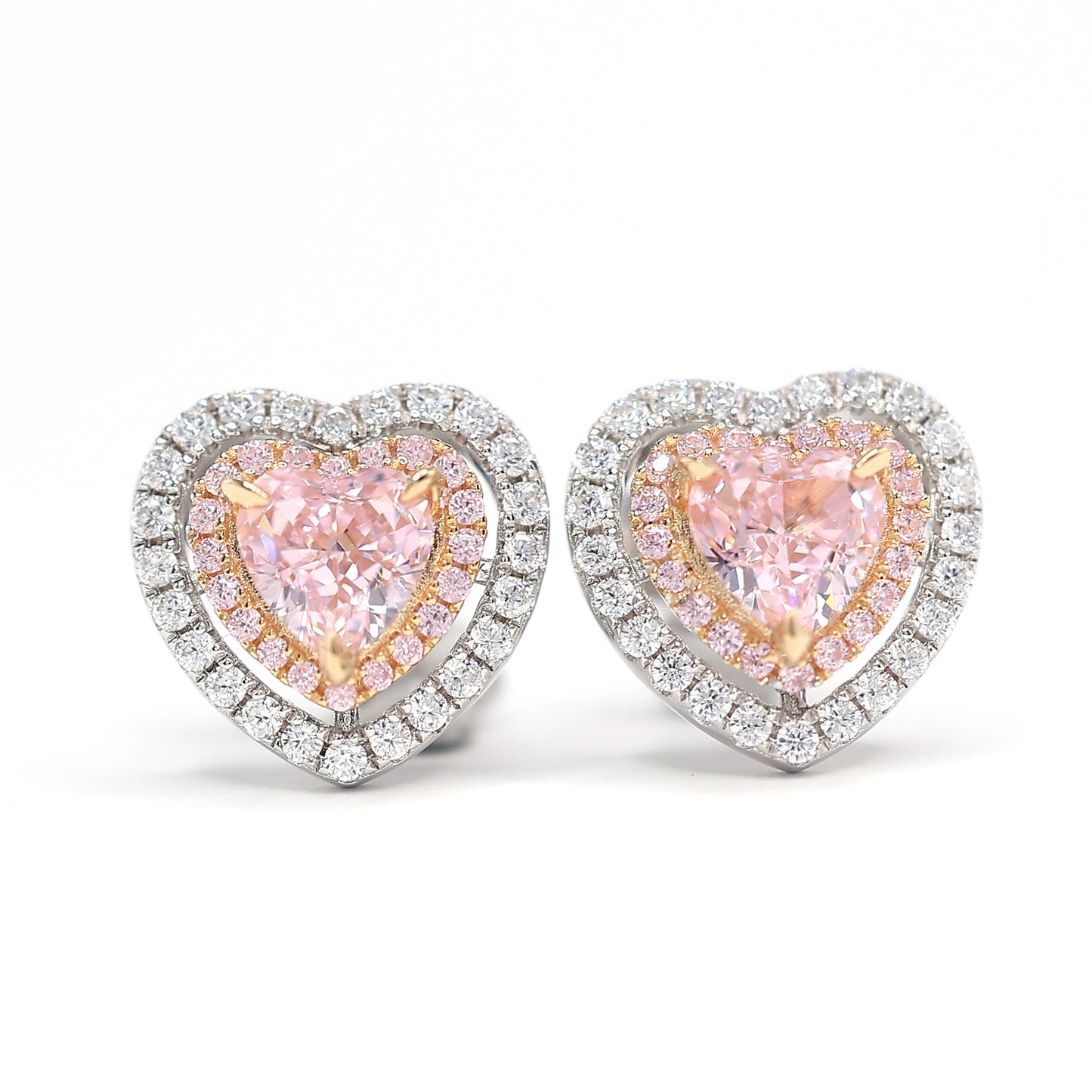 Micro-setting Pink diamond color Lab created stones fully studded heart earrings, sterling silver