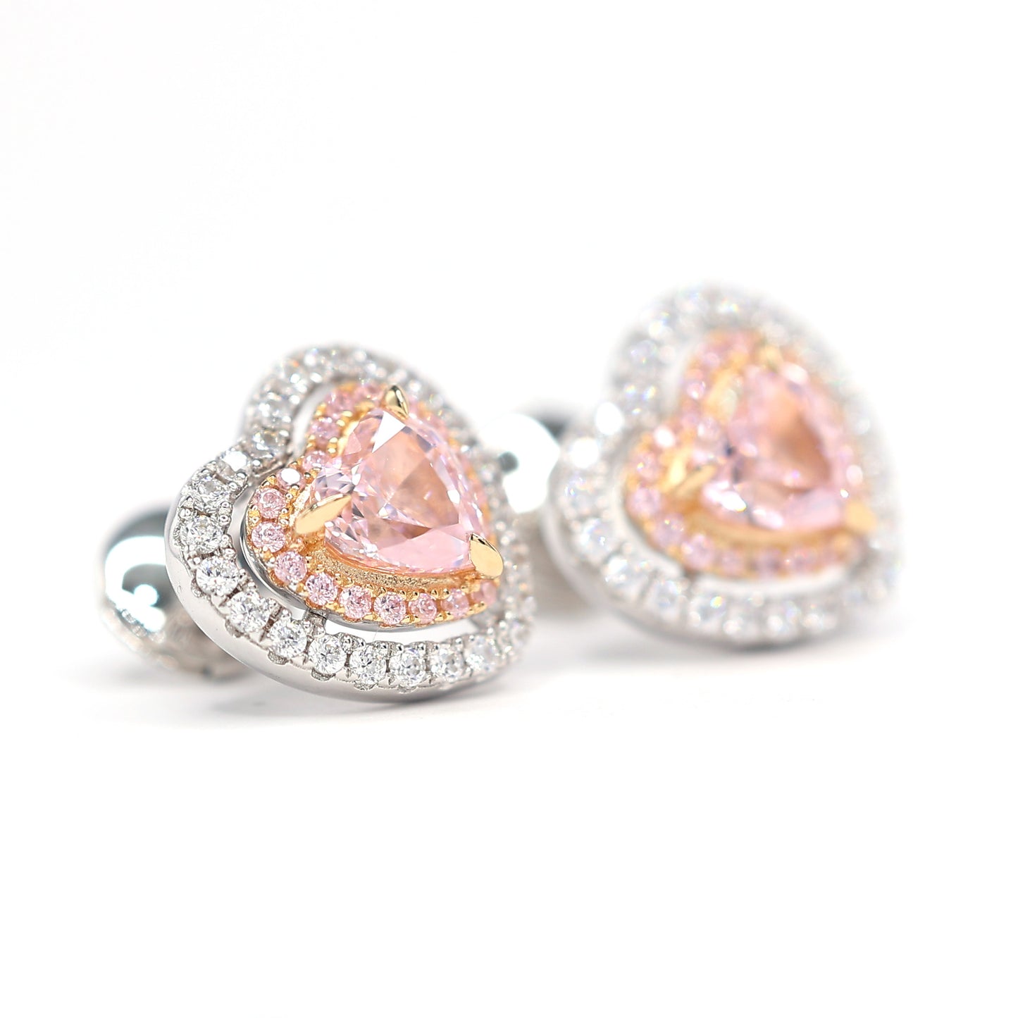 Micro-setting Pink diamond color Lab created stones fully studded heart earrings, sterling silver