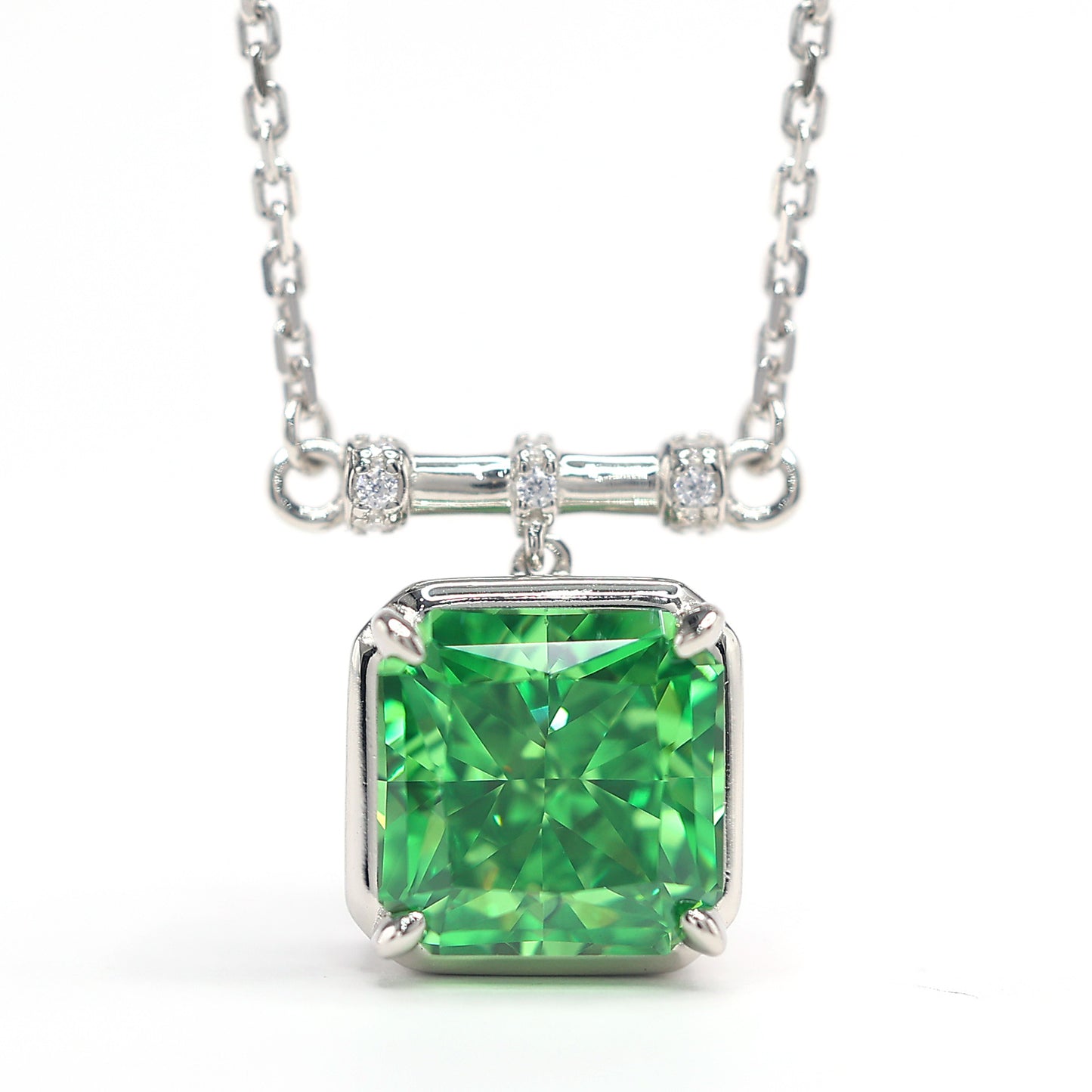 Micro-setting Apple green color Lab created stones rebirth necklace, sterling silver