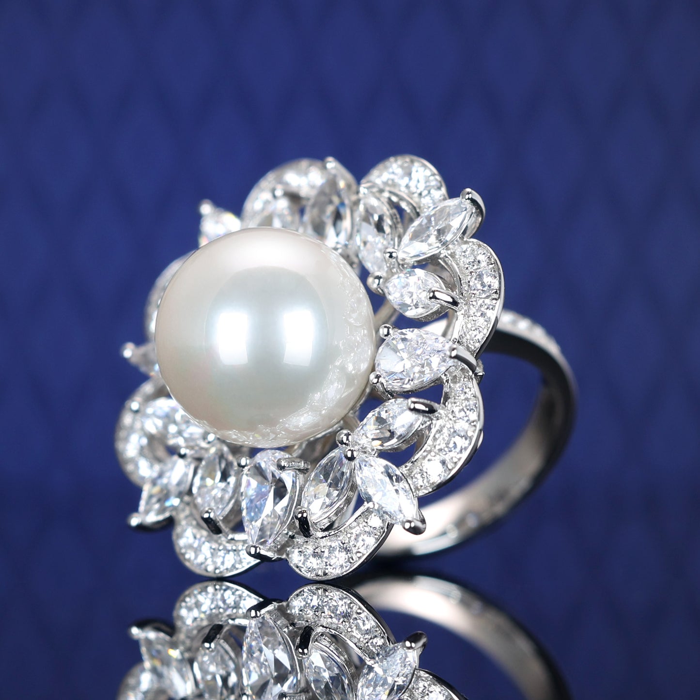 Micro-setting lab created stones White Shell pearl Snow queen ring, sterling silver