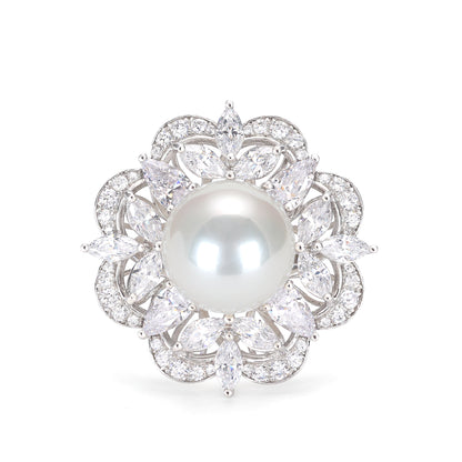 Micro-setting lab created stones White Shell pearl Snow queen ring, sterling silver