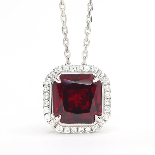 Micro-setting Ruby color square shape Lab created stones 4 prong necklace, sterling silver