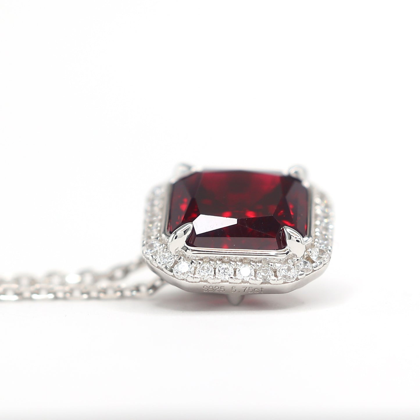 Micro-setting Ruby color square shape Lab created stones 4 prong necklace, sterling silver