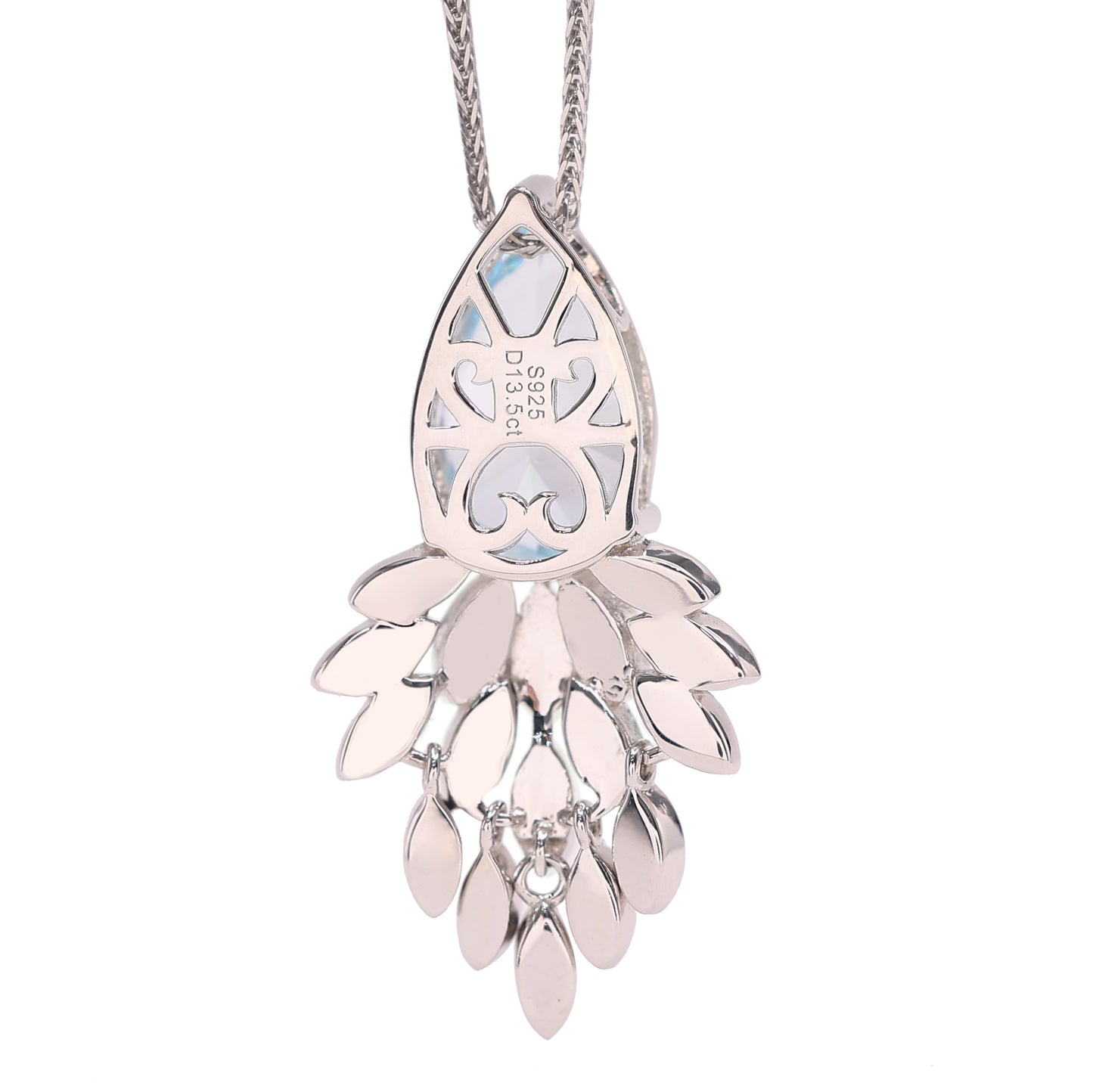 Micro-setting Aquamarine color waterdrop shape rosefinch tail necklace, sterling silver