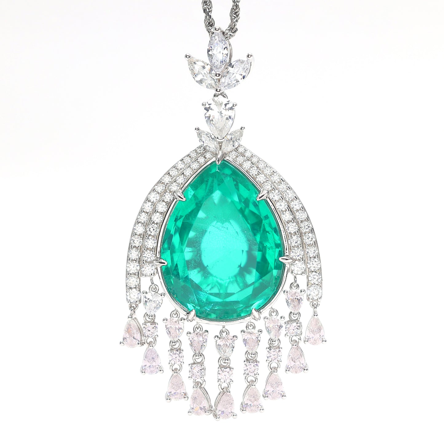 Micro-setting emerald color fancy waterdrop necklace, sterling silver