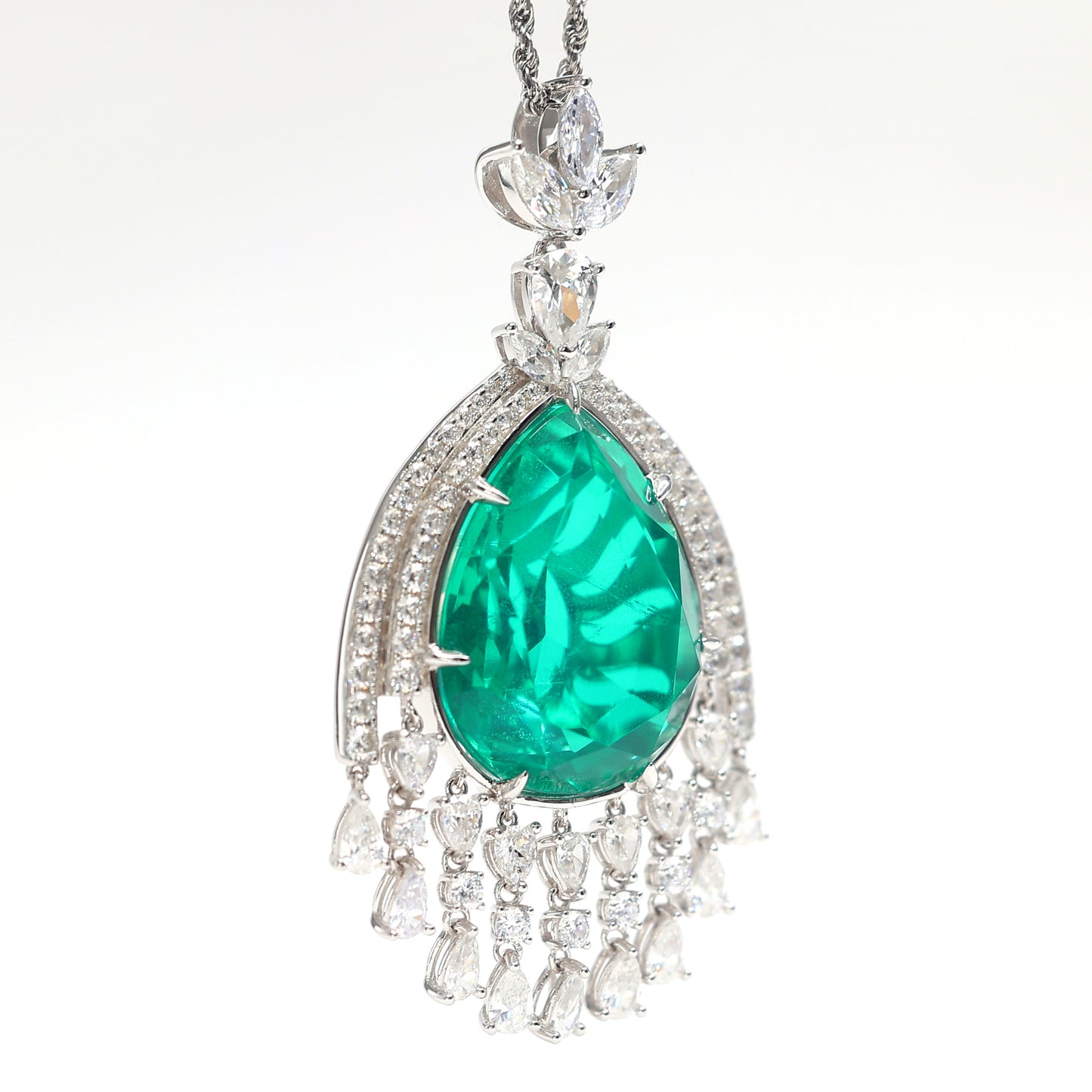 Micro-setting emerald color fancy waterdrop necklace, sterling silver