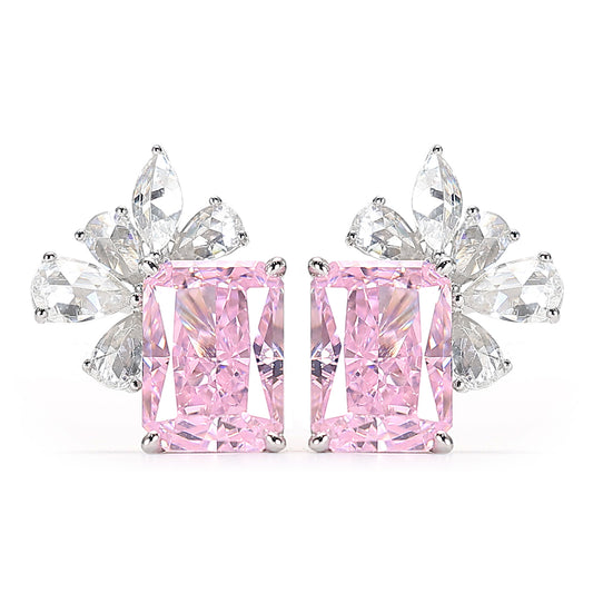 Promotional design Micro-setting Sakura pink diamond color lab created stones romantic ear studs, sterling silver