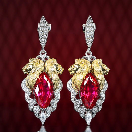 Micro-setting Ruby color lab created stones Double platting the lion king earrings, sterling silver