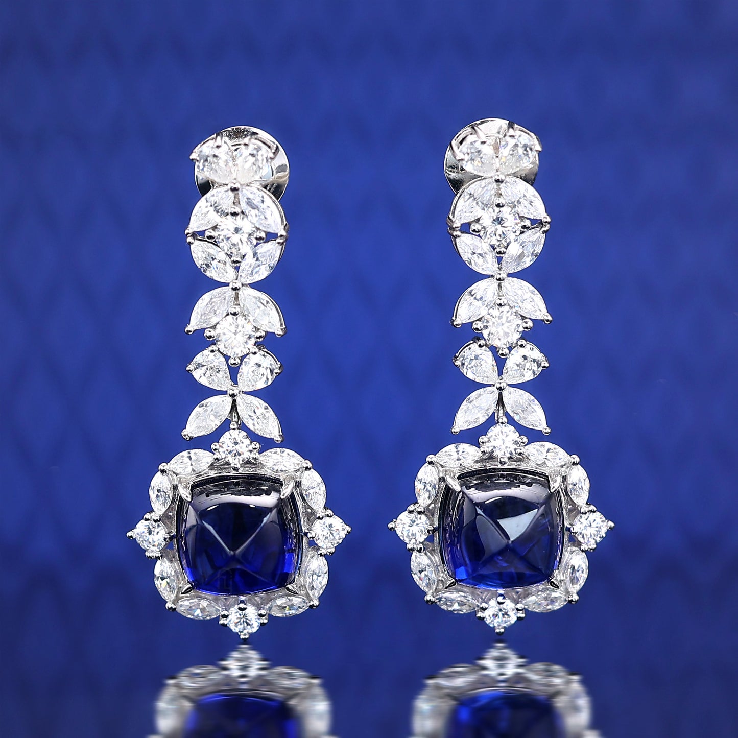 Micro-setting Sapphire color Lab created stones horse eye shape sugar tower dangle earrings, sterling silver