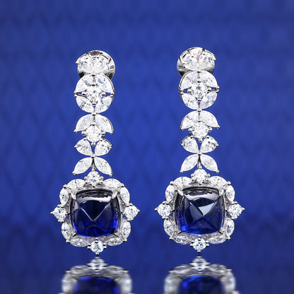 Micro-setting Sapphire color Lab created stones horse eye shape sugar tower dangle earrings, sterling silver