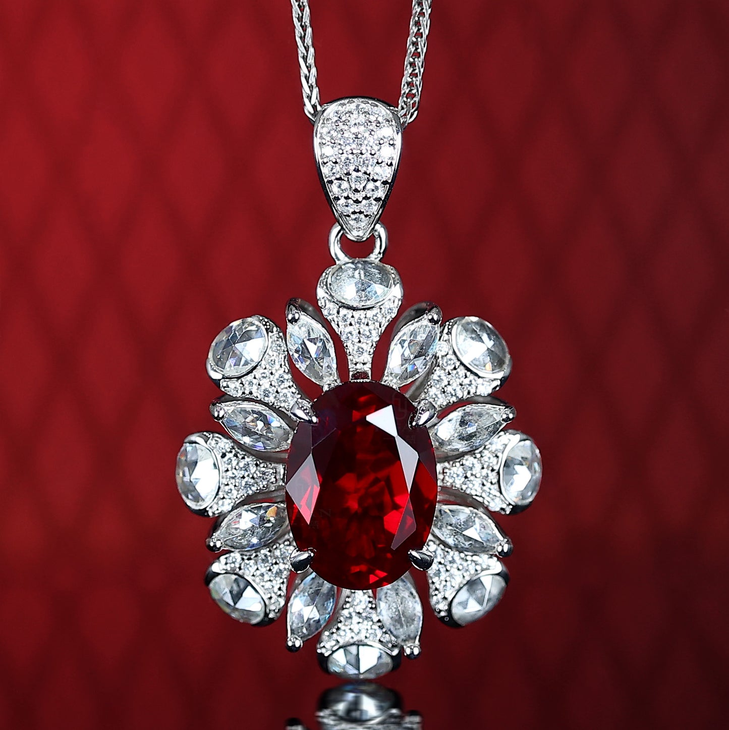 Micro-setting Oval ruby color Lab created stones fancy rose-cut necklace, sterling silver