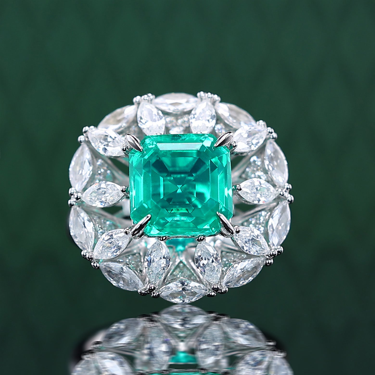 Micro-setting Emerald color and marquise Lab created stones square sha ...