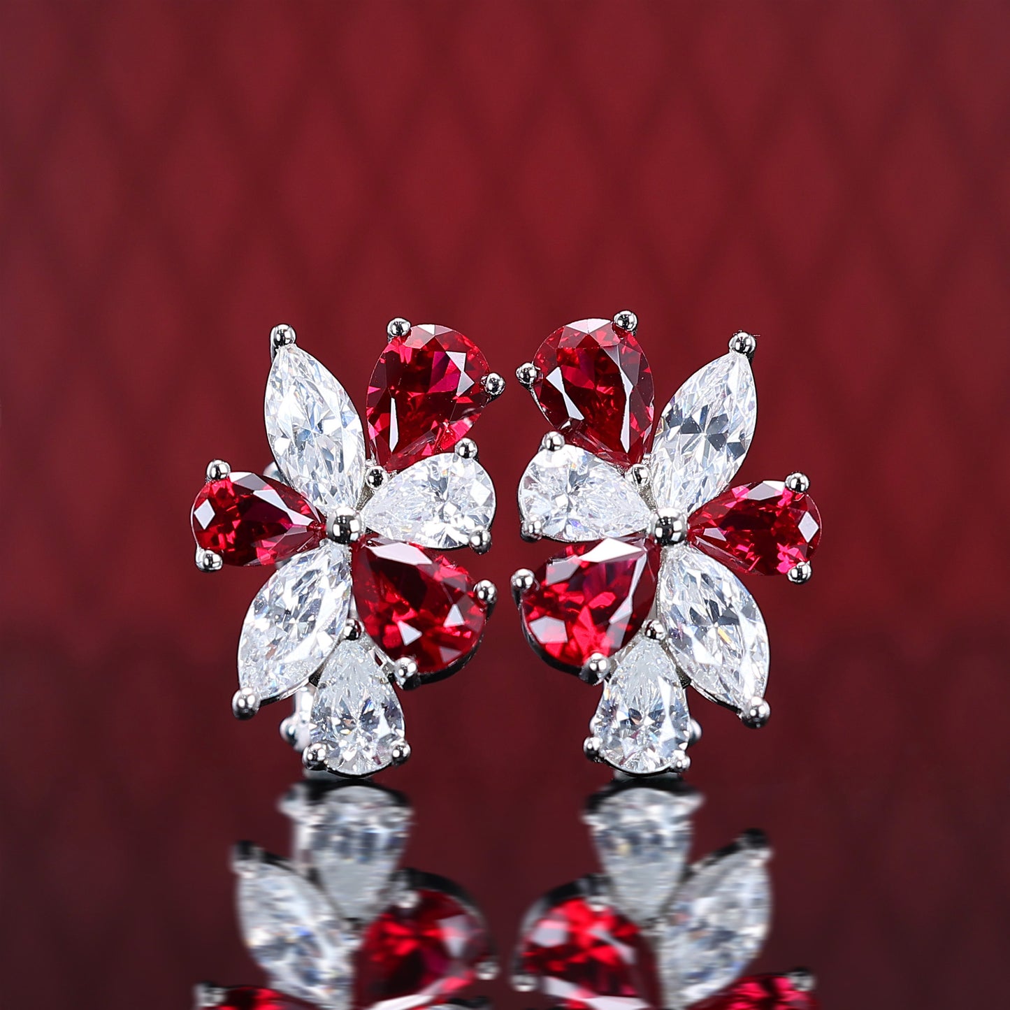 Micro-setting Ruby and diamond color Lab created stones waterdrops petal earrings, sterling silver