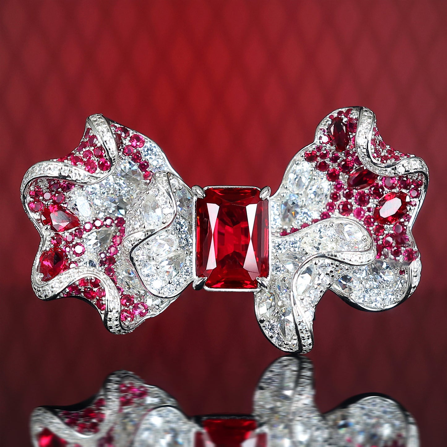 Micro-setting Fancy Ruby color Lab created stones bowknot brooch, sterling silver