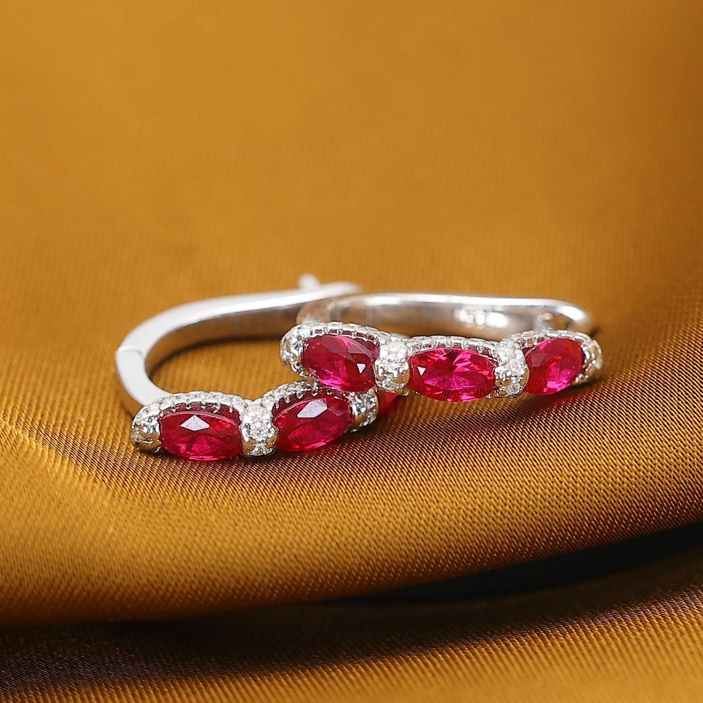 Micro-setting Ruby color Lab created stones ear loop, sterling silver,