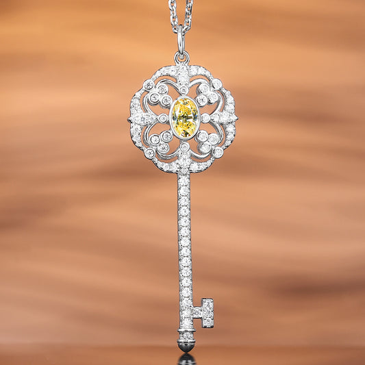 Micro-setting Yellow diamond color Lab created stones lace key detailed pendant, sterling silver.