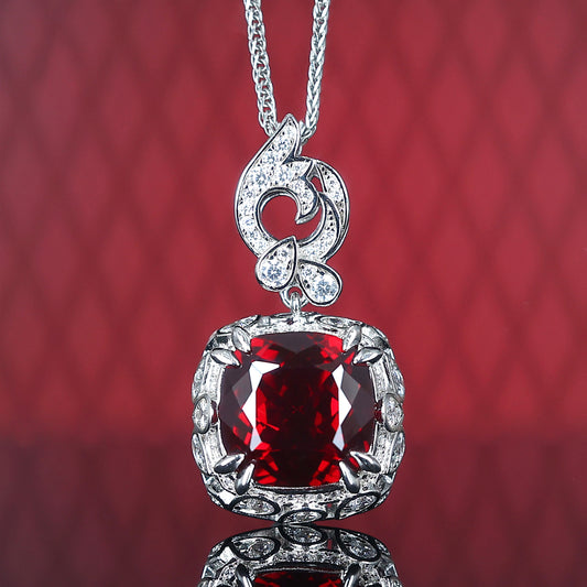 Promotion design：Micro-setting Ruby color Square-shape Birds paying homage to the phoenix necklace, sterling silver