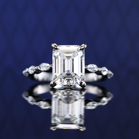 Micro-setting Emerald cut Lab created stones ring sterling silver