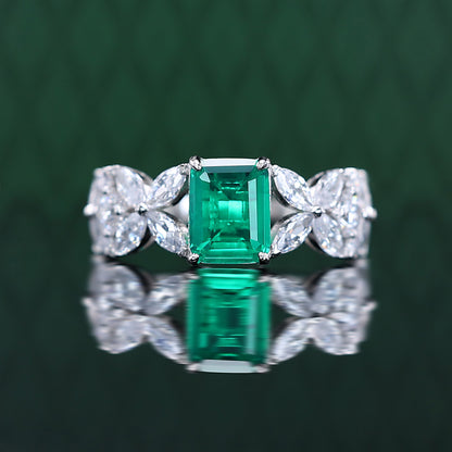 Pierres créées en laboratoire de couleur émeraude micro-serties Bague rectangulaire en forme d'œil de cheval, argent sterling