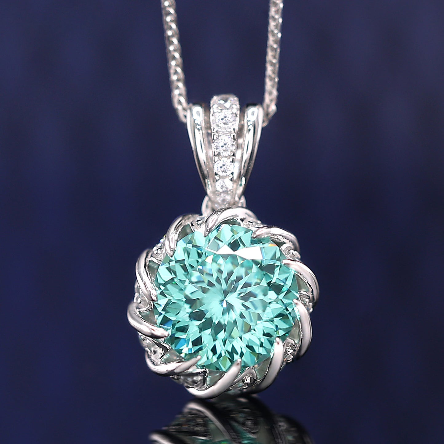 Micro-setting Paraiba color Lab created stones luxurious inlaid Lotus necklace，sterling silver