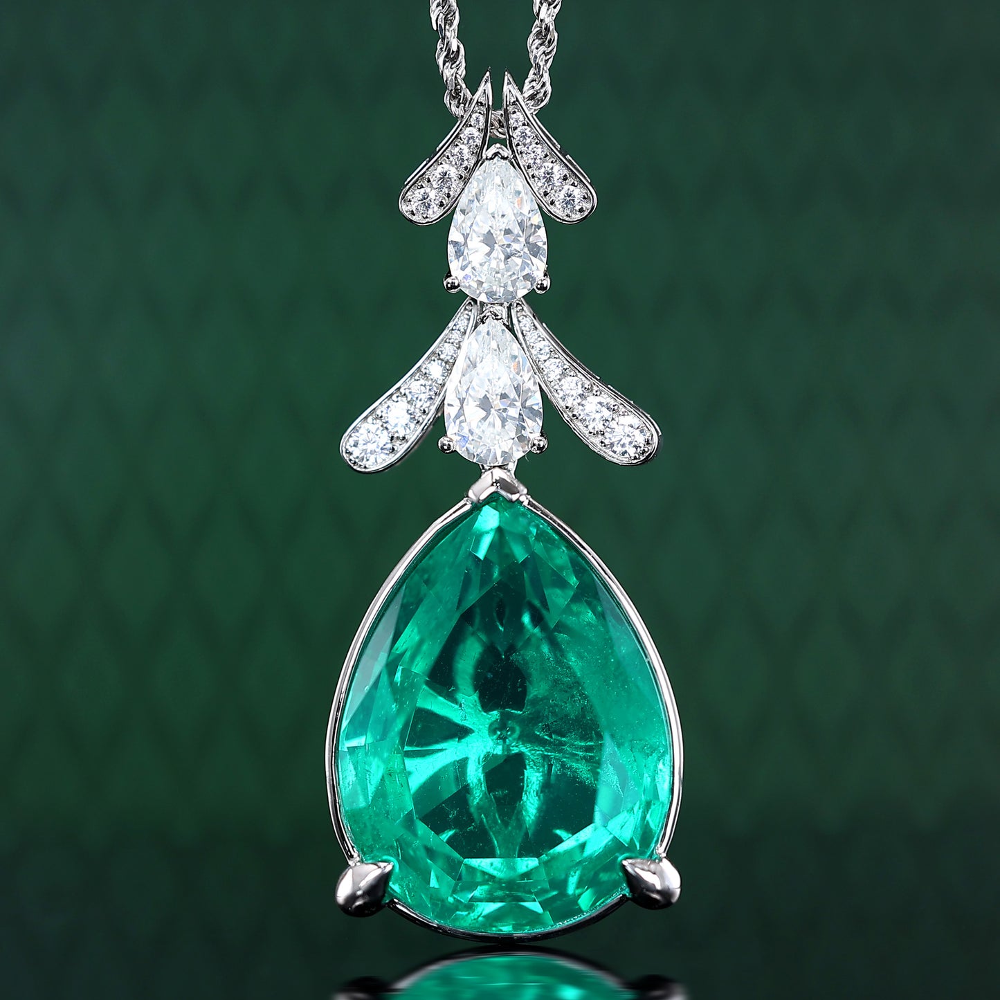 Micro-setting Emerald color Lab created stones water-drop fancy necklace, sterling silver