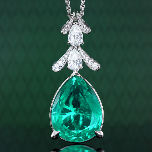 Micro-setting Emerald color Lab created stones water-drop fancy necklace, sterling silver