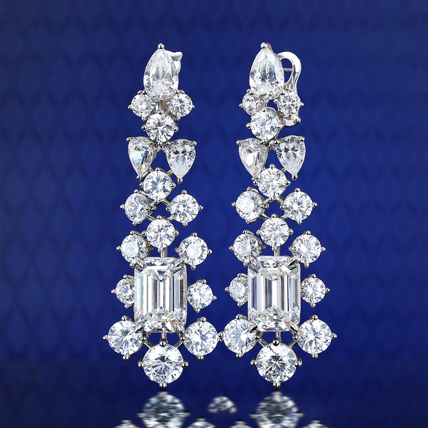 Customize design Micro-setting Emerald-cut combined with round brilliants lab created stones Dream of stars earrings, sterling silver