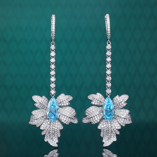 Micro-setting Aquamarine color Lab created stones Maple Leaf earrings, sterling silver.