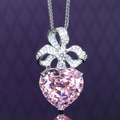 Micro-setting pink diamond color Lab created stones fancy bow necklace, sterling silver.