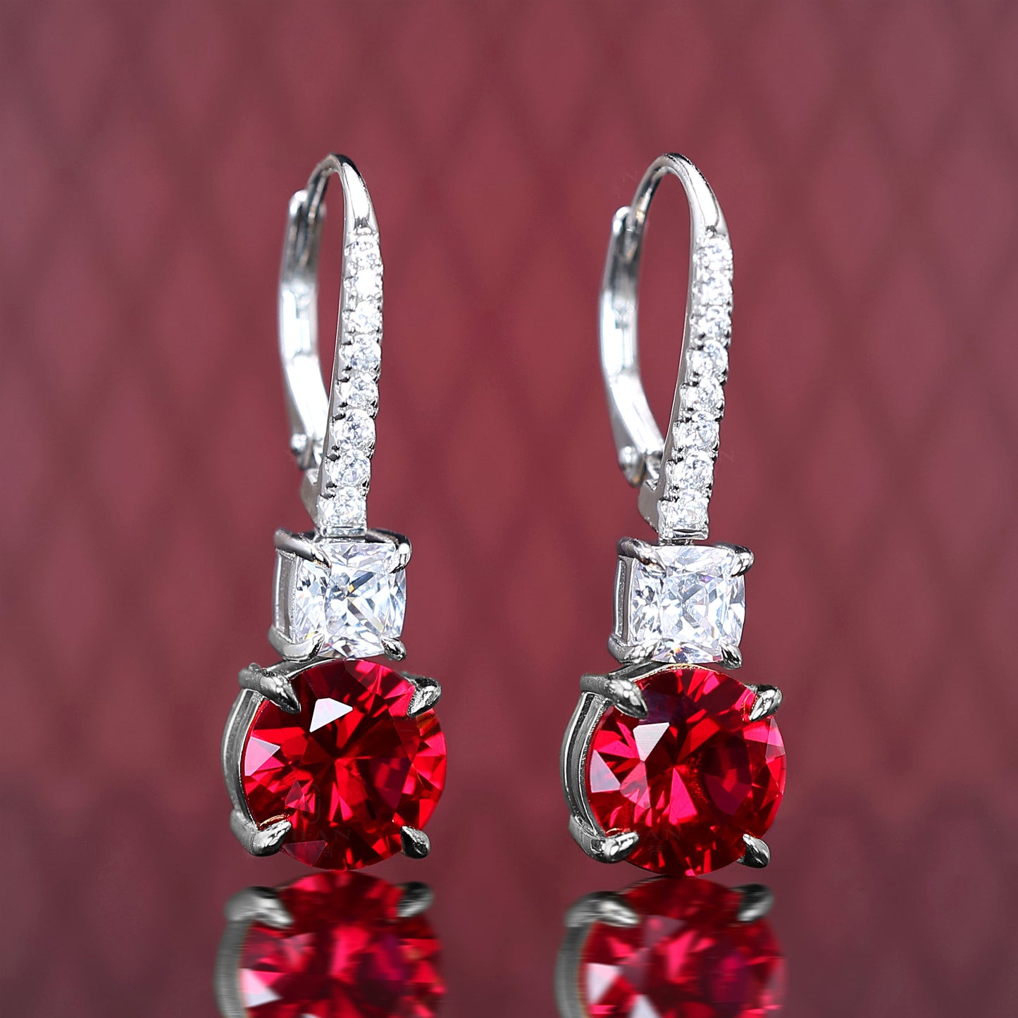 Micro-setting Ruby color round lab created stones 4 prong hook earrings, sterling silver