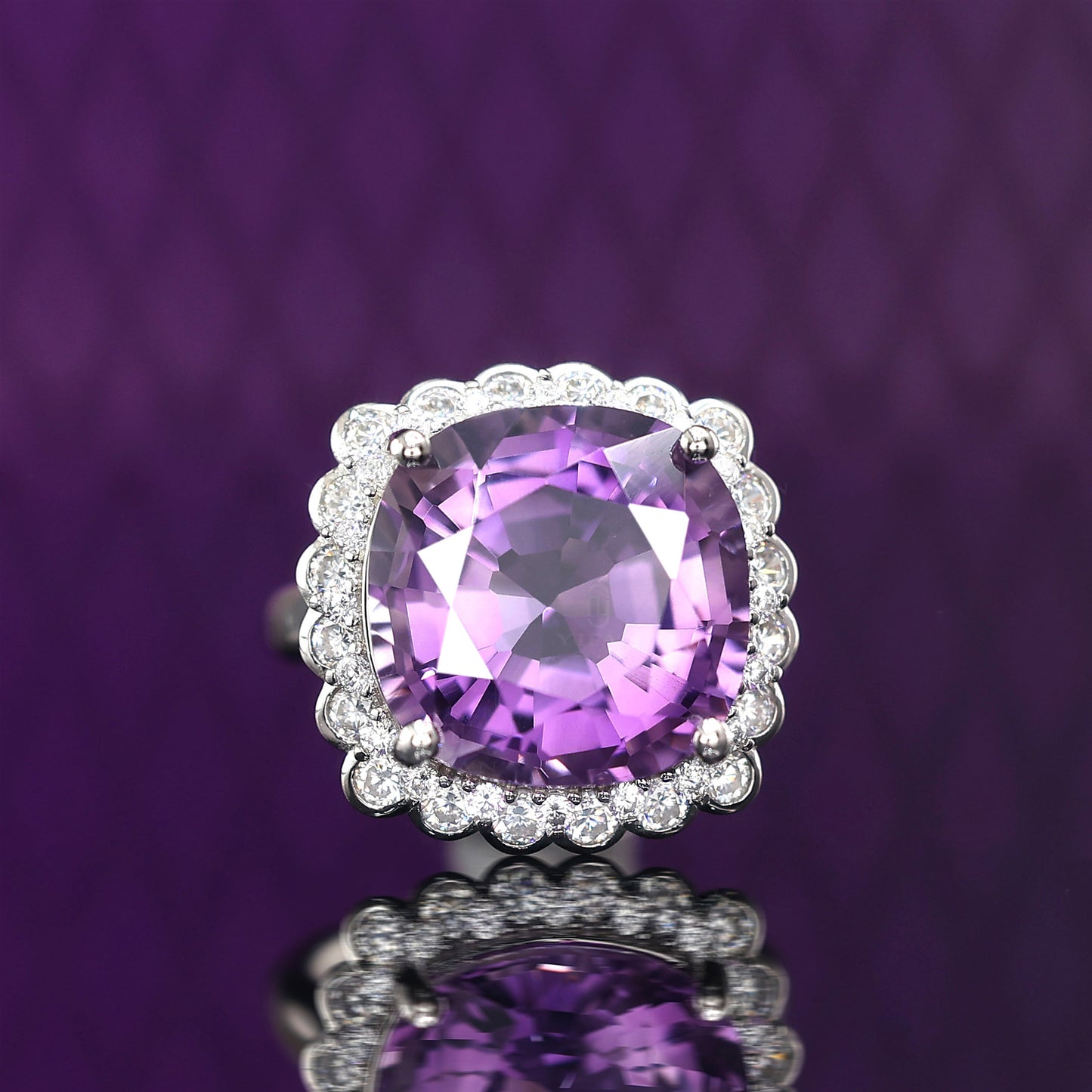 Special offer Micro-setting Purple diamond color Lab created stones cocktail ring, sterling silver