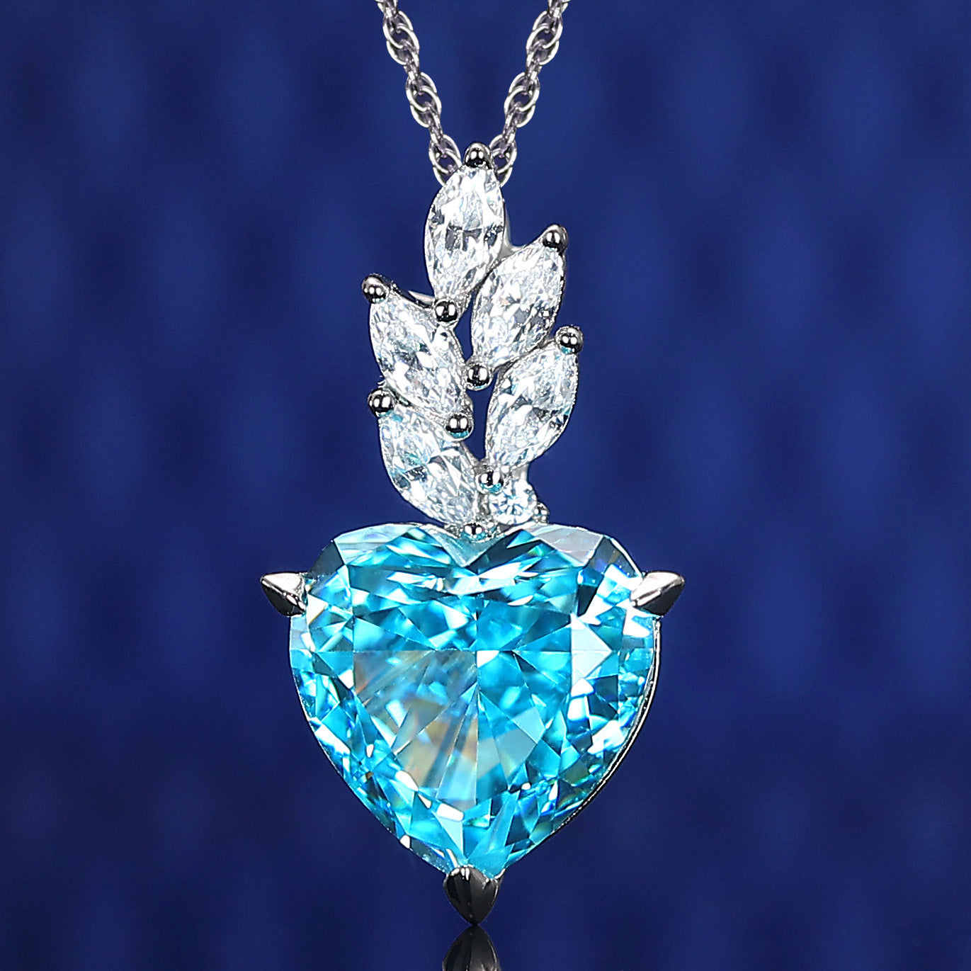 Micro-setting aquamarine color Lab created stones The heart of Cupid necklace, sterling silver.