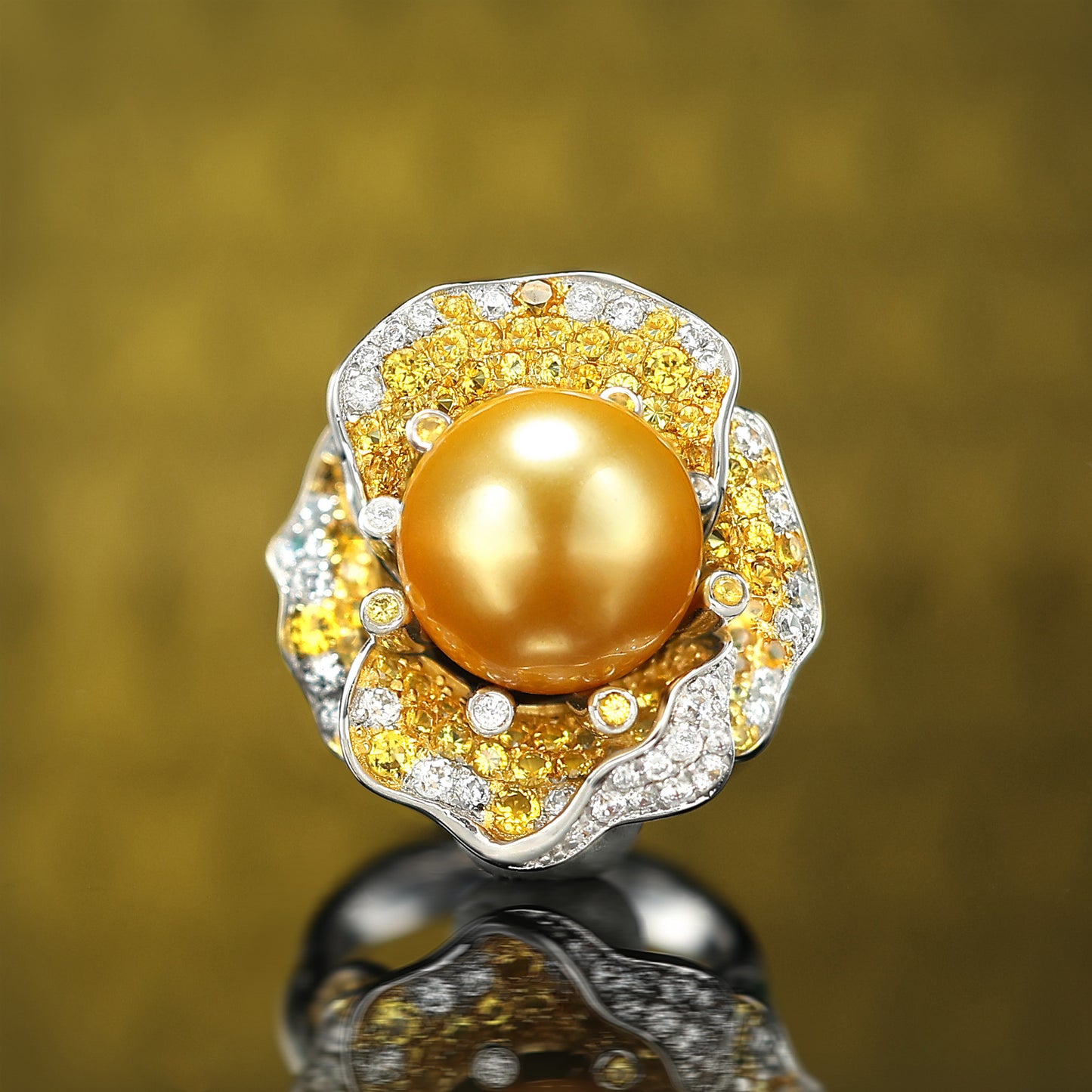 Micro-setting golden shell pearl Lab created stones abundant wealth ring, sterling silver.