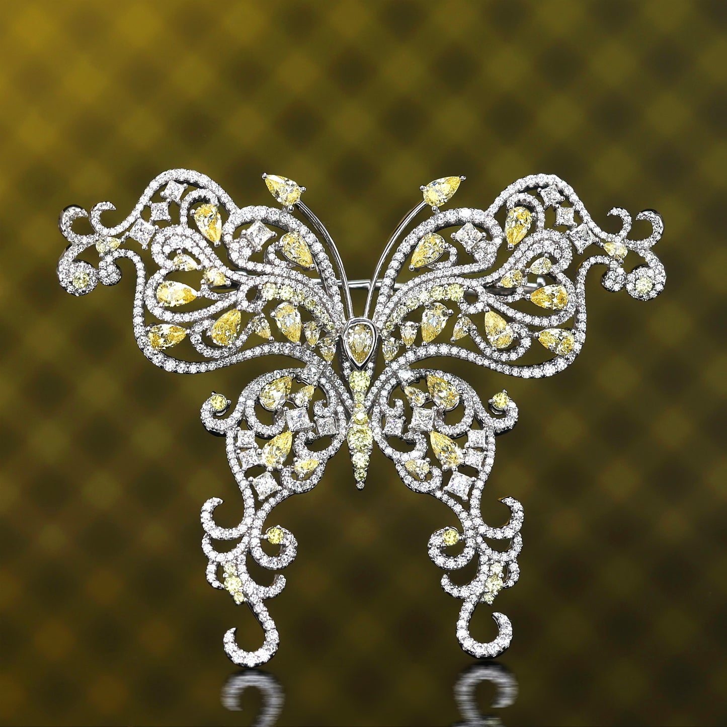 Micro-setting multi-purpose Yellow diamond color Lab created stones butterfly brooch, sterling silver