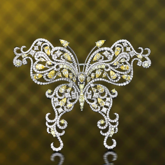 Micro-setting multi-purpose Yellow diamond color Lab created stones butterfly brooch, sterling silver