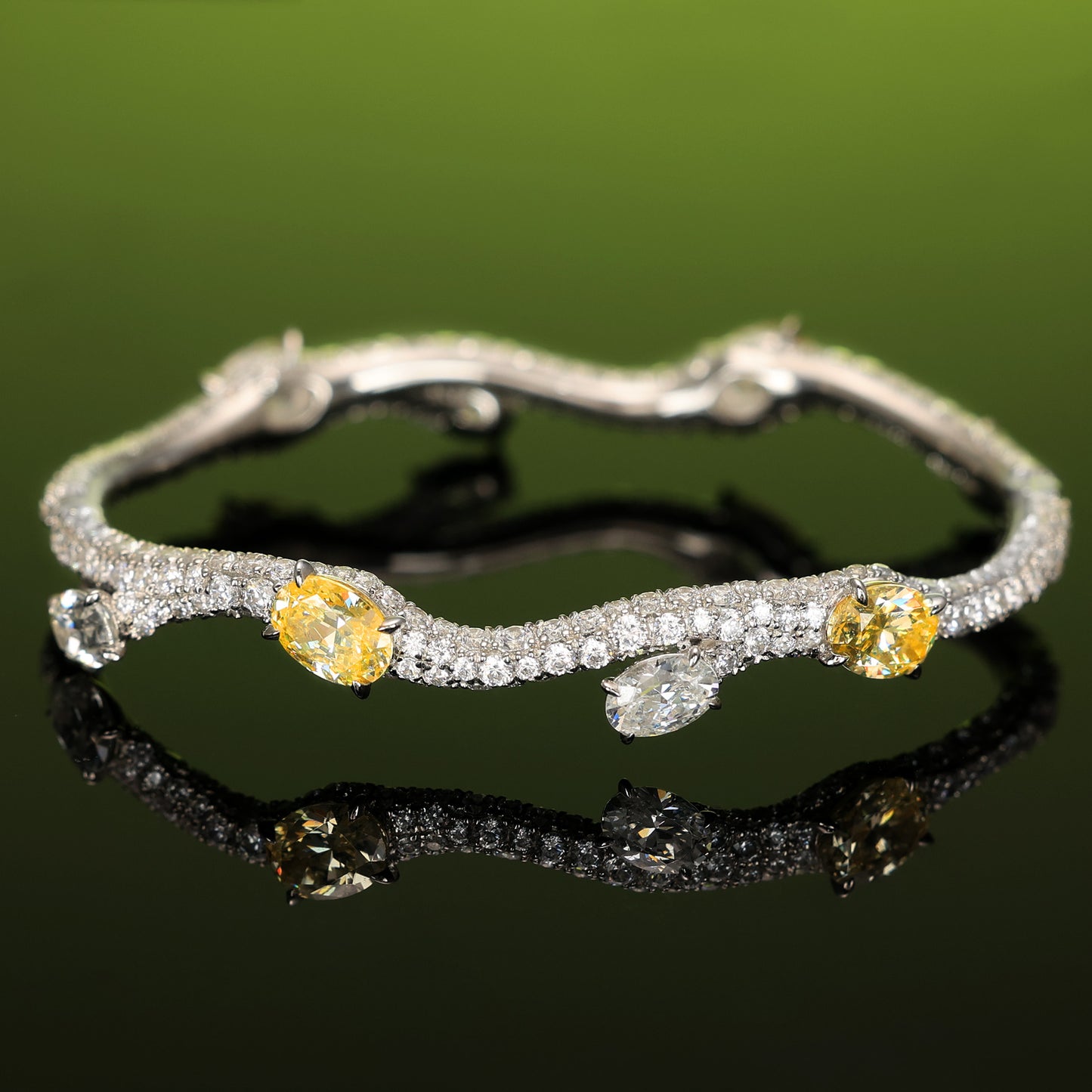 Micro-setting Yellow diamond color Lab created stones artistic bangle, sterling silver